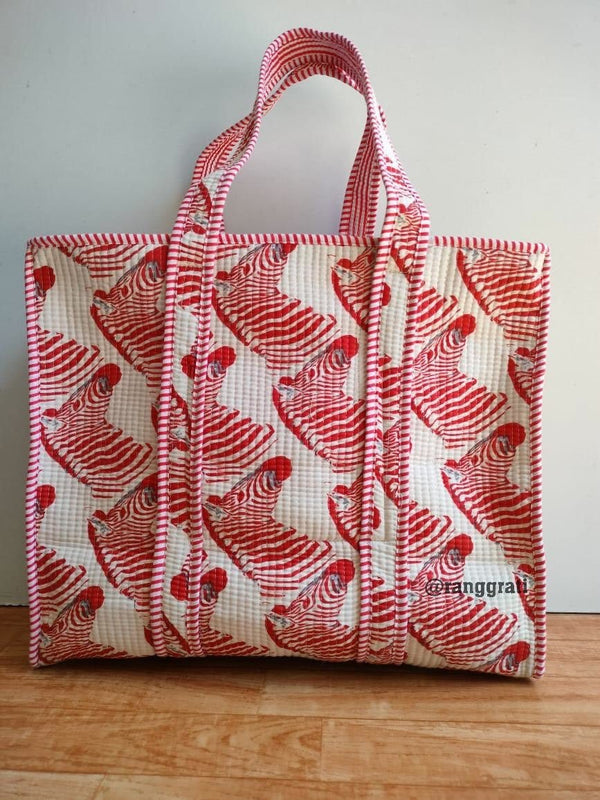 Red Zebra Tote Bag quilted Hand Block Printed Cotton with Zip Online - Tote Bag