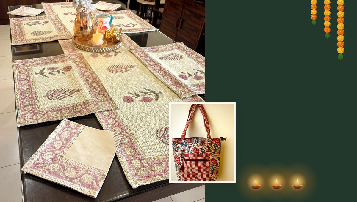 Diwali gifting with hand block printed table linen and tote bags