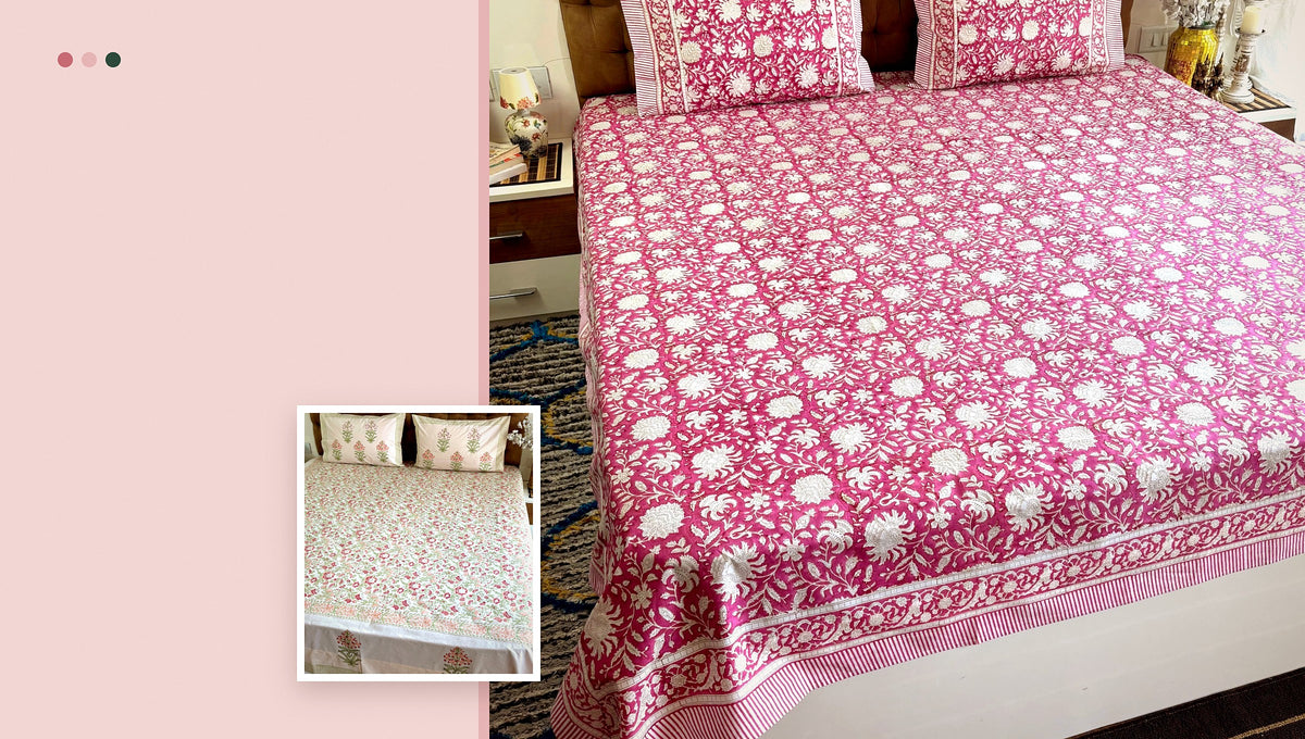 Rose pink hand block printed cotton bedsheets on sale