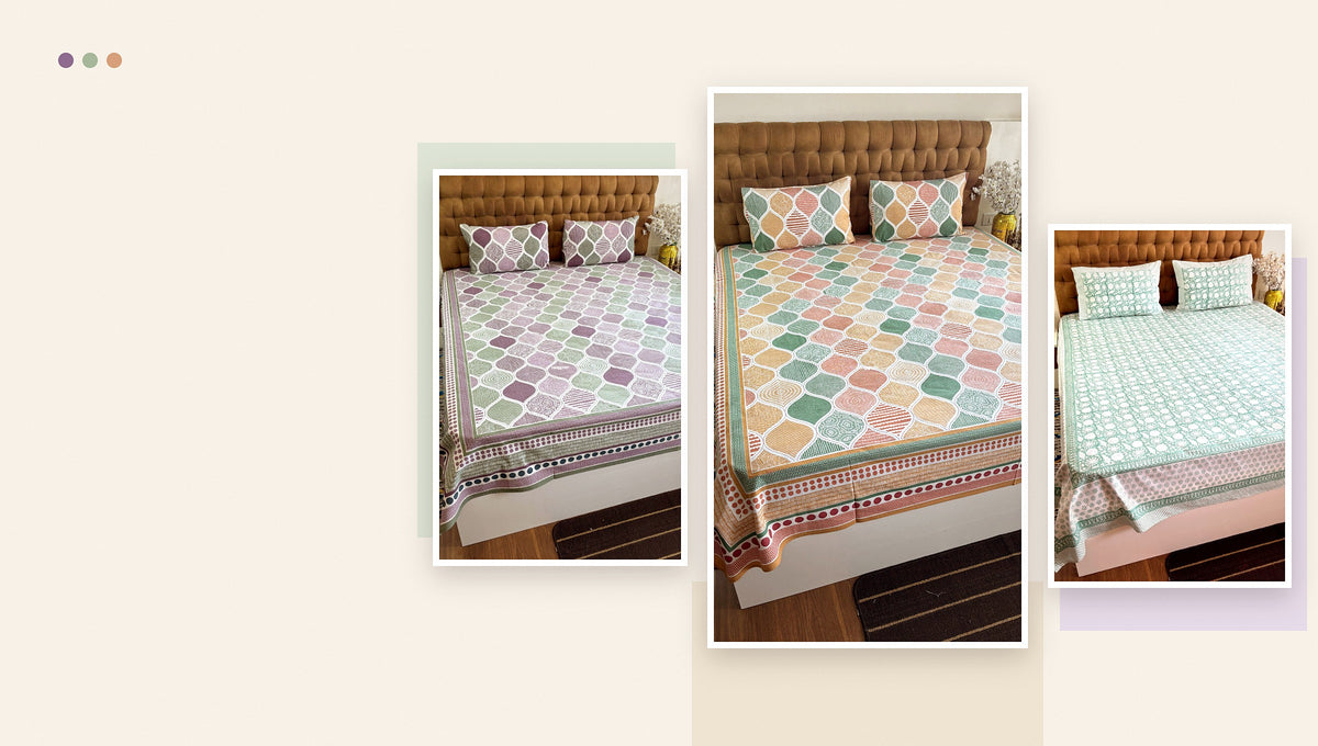 Hand block printed ogee bedsheets in plum, coral and mint sage on sale