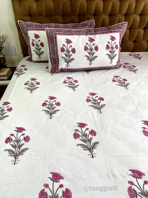 Rouge Pink Floral Jaipuri Cotton Bedsheet King Size For Double Bed