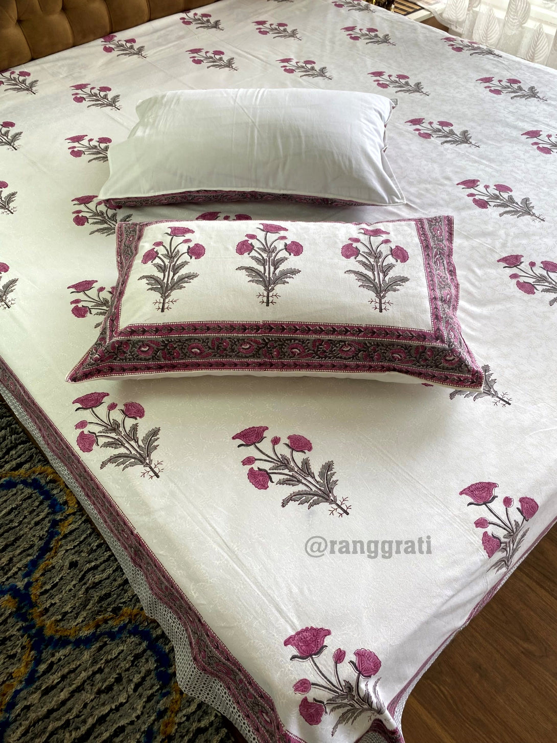 Rouge Pink Floral Jaipuri Cotton Bedsheet King Size For Double Bed With Pillow Covers