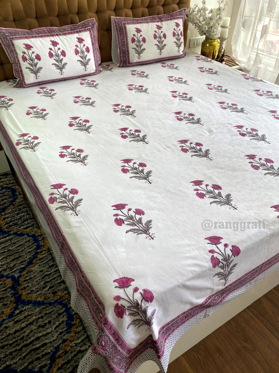 King Size Rouge Pink Floral Jaipuri Cotton Bedsheet For Double Bed