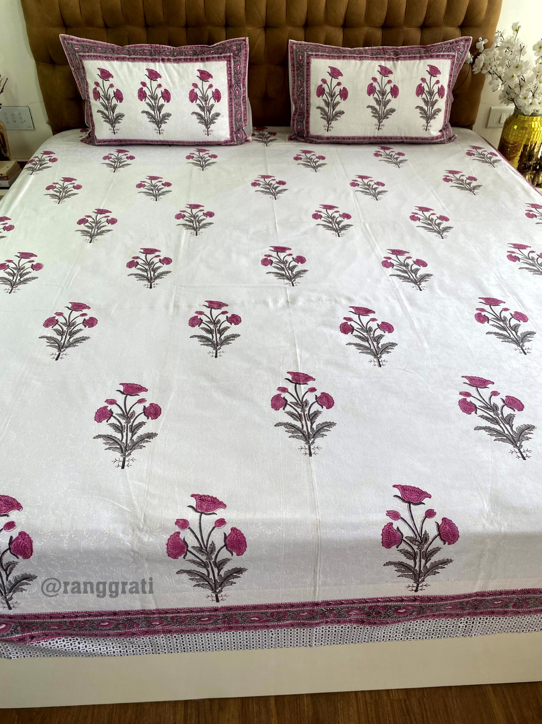 Rouge Pink Floral Jaipuri Cotton Bedsheet For Double Bed King Size