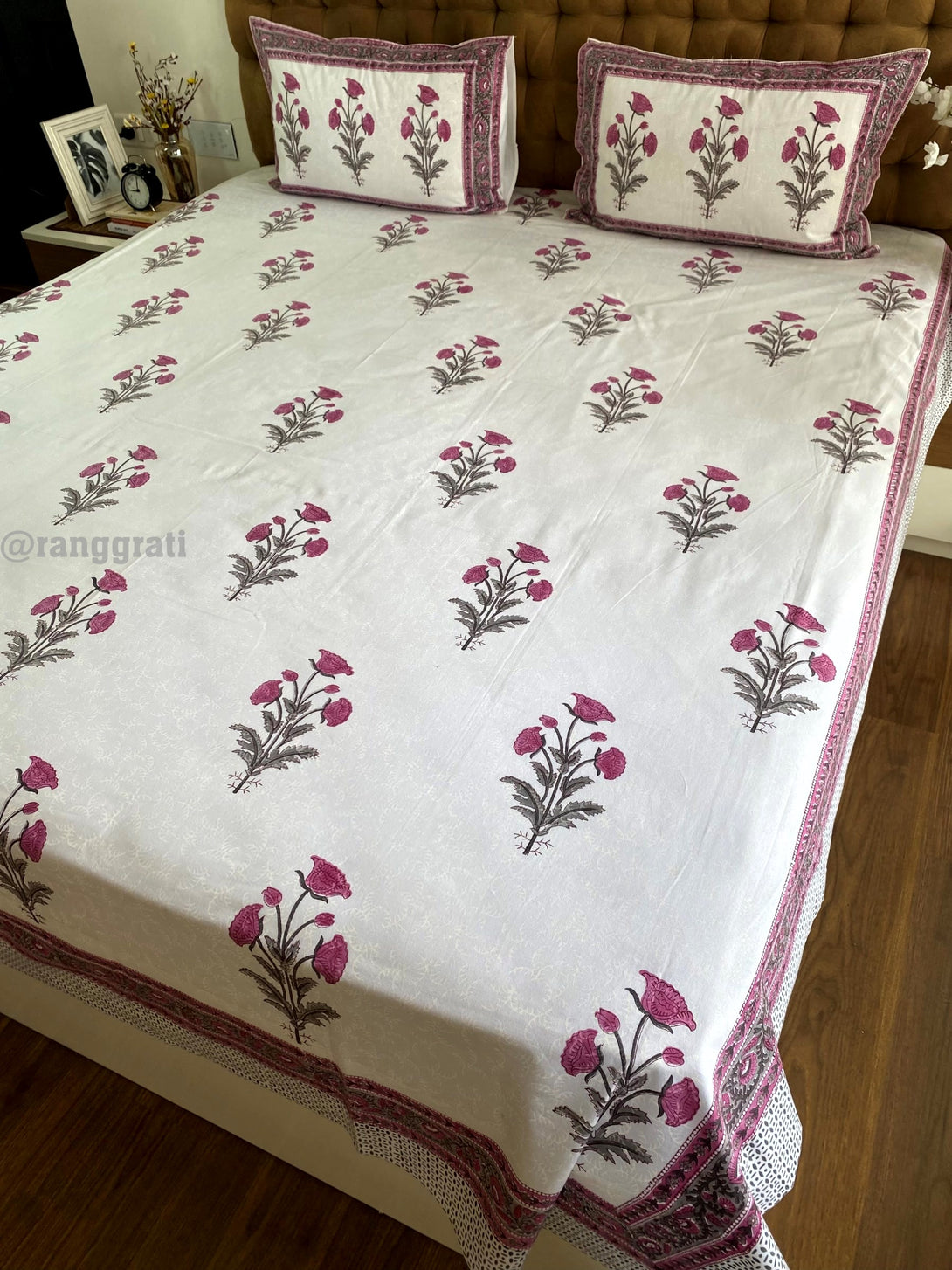 Jaipuri Cotton Rouge Pink Floral Bedsheet King Size For Double Bed