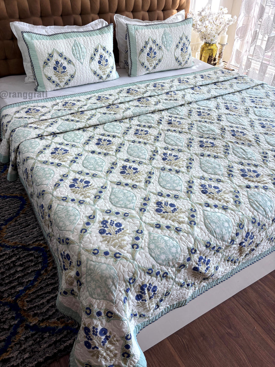 Royal Blue Zinnia Floral Mulmul Voile Quilted Bedcover 90 X 108