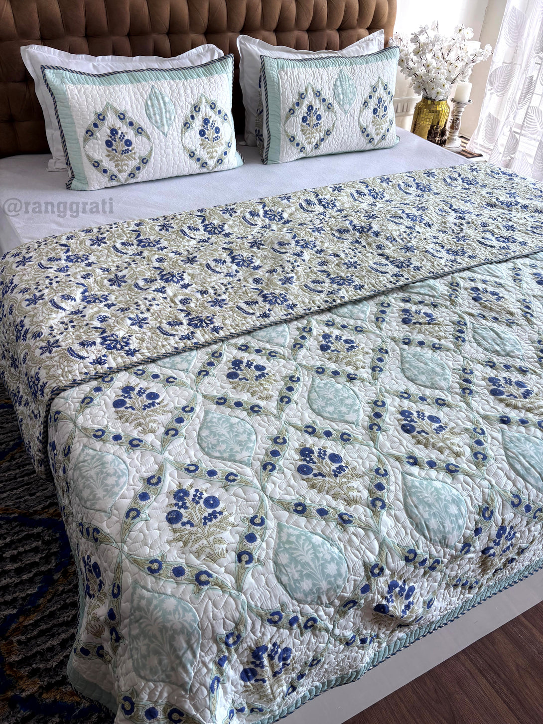 Royal Blue Zinnia Floral Mulmul Voile Quilted Bedcover 90 X 108 Reversible