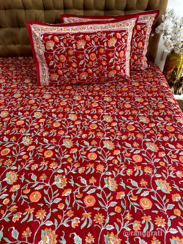 Ruby Red Jaal Floral Hand Block Cotton King Size Bedsheet