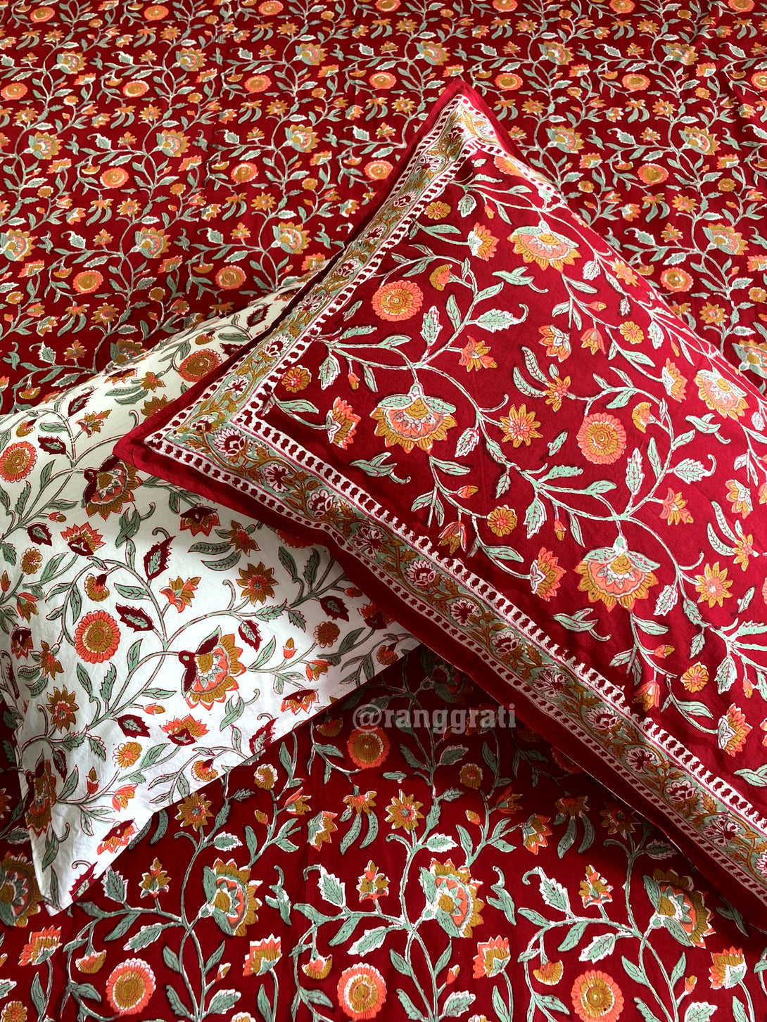 Ruby Red Jaal Floral Hand Block Cotton King Size Bedsheet With Pillow Covers