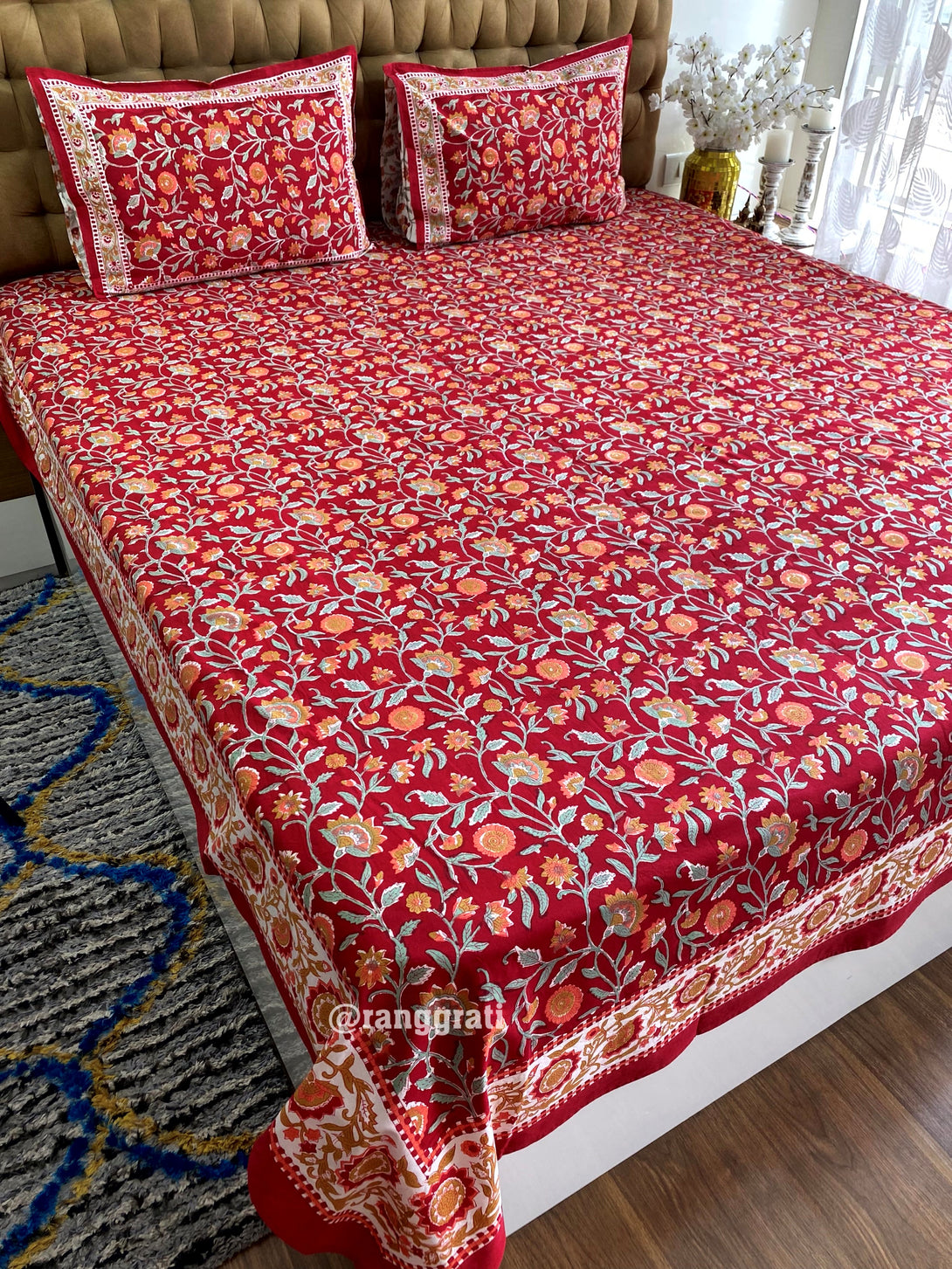 Ruby Red Jaal Floral Hand Block Cotton Bedsheet King Size