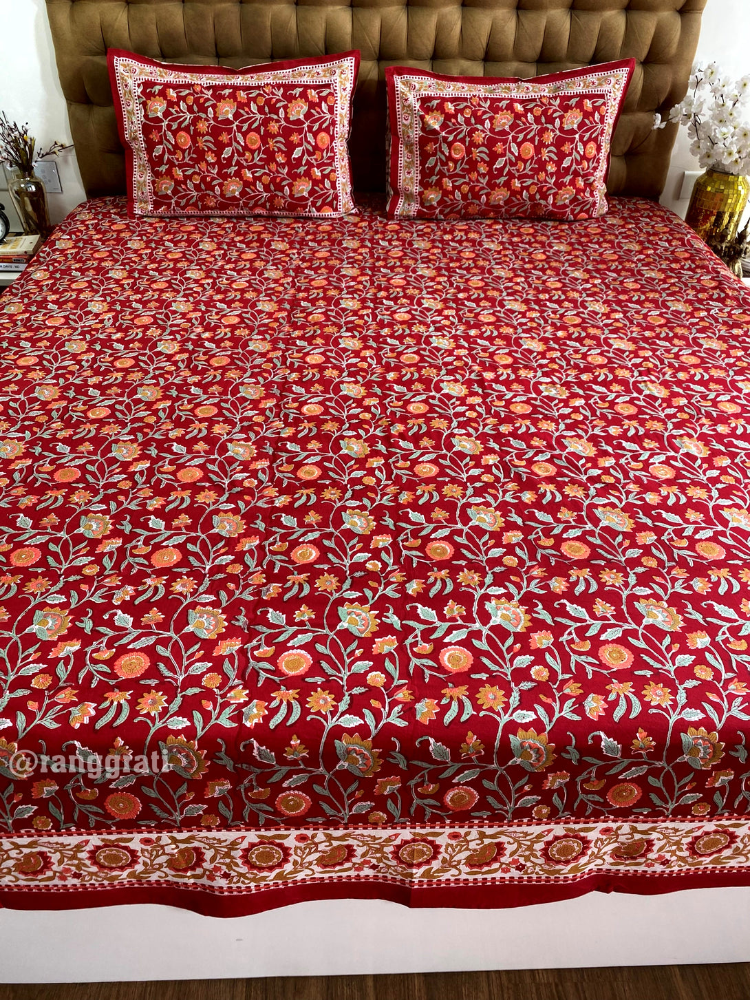 Ruby Red Jaal Floral Cotton King Size Bedsheet