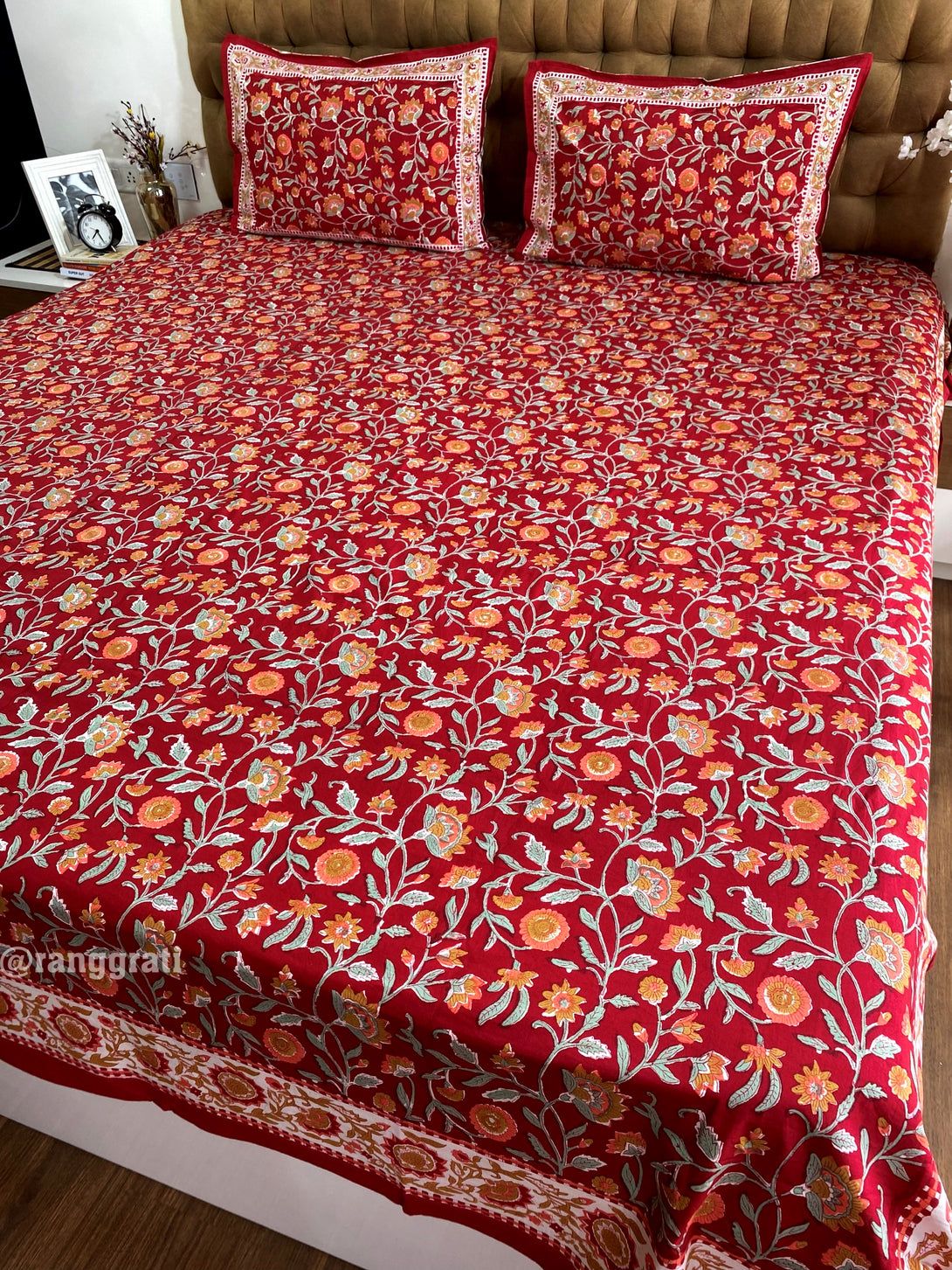 King Size Ruby Red Jaal Floral Hand Block Cotton Bedsheet