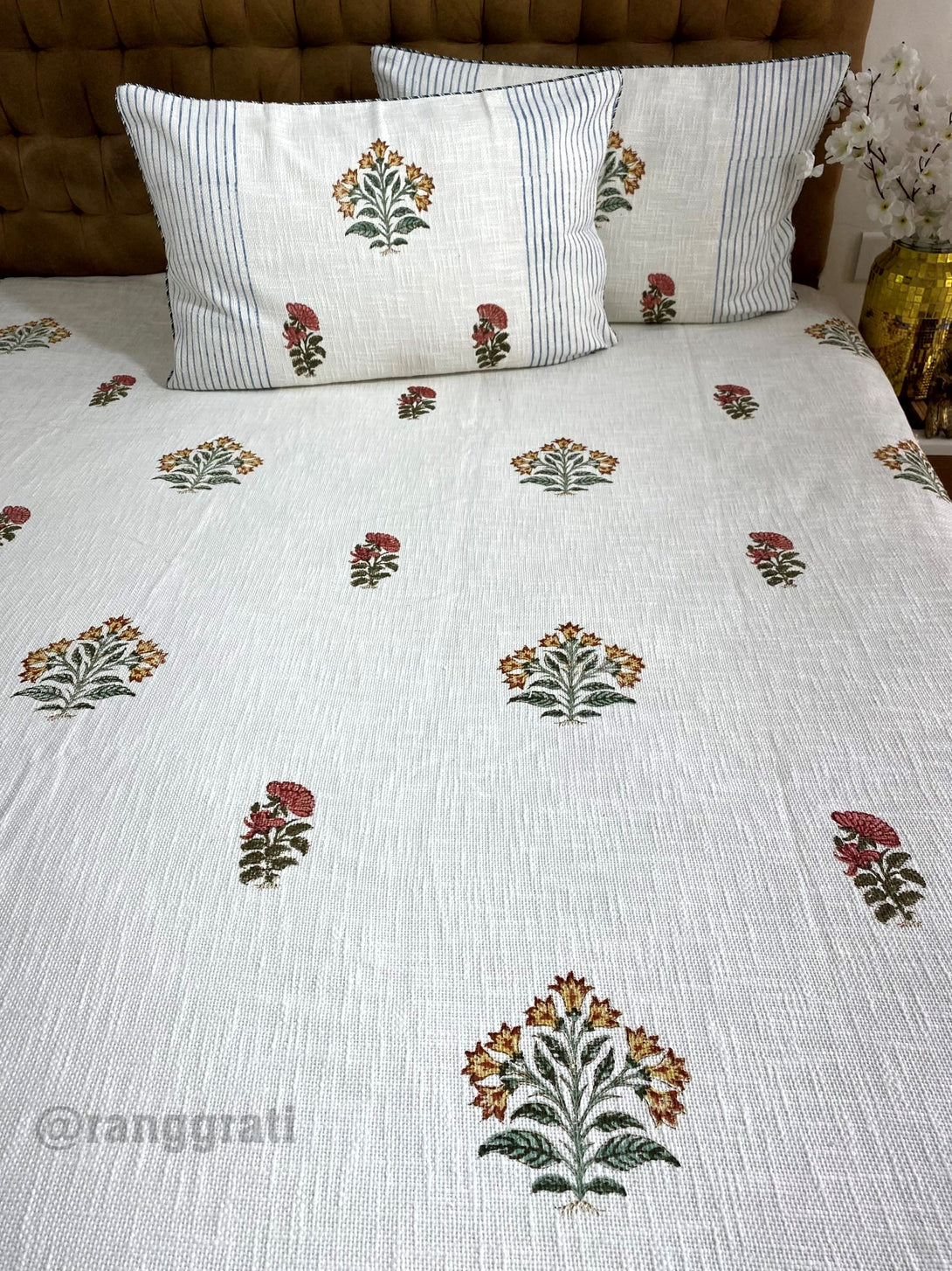 Rust Brown Floral Jute Cotton Bedcover King Size