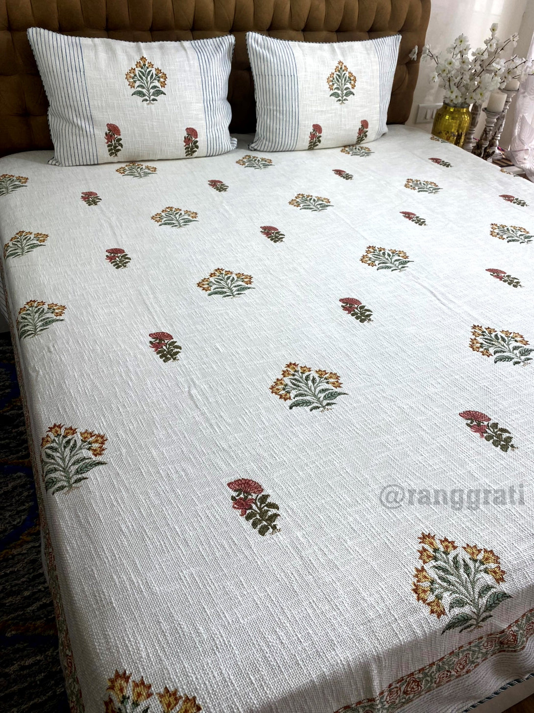 King Size Rust Brown Floral Jute Cotton Bedcover