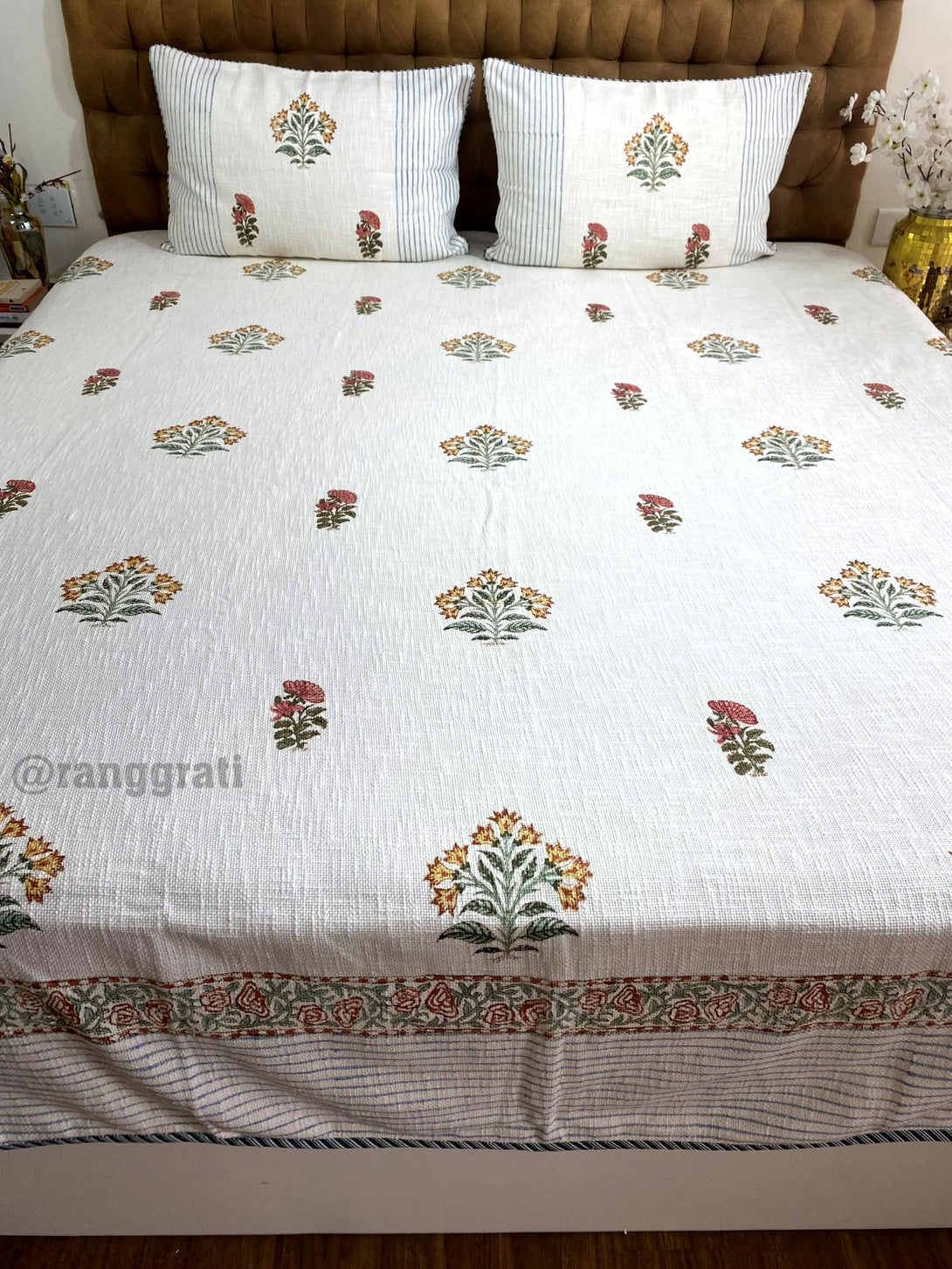Jute Cotton Rust Brown Floral Bedcover King Size
