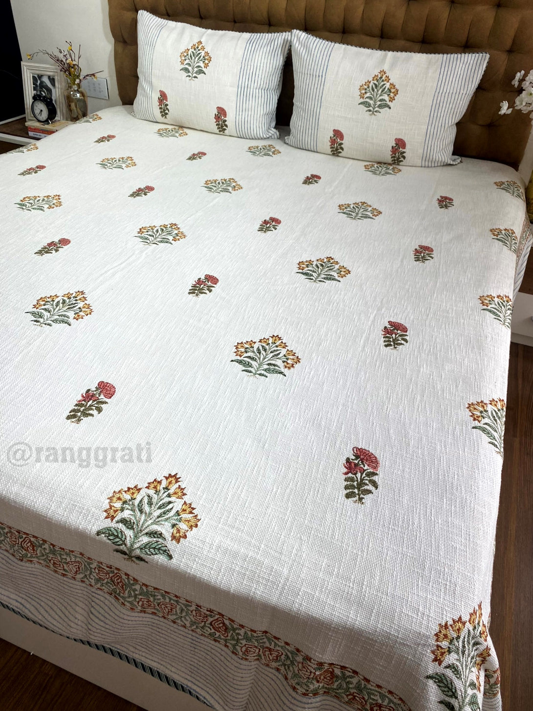 Jute Cotton Rust Brown Floral King Size Bedcover 