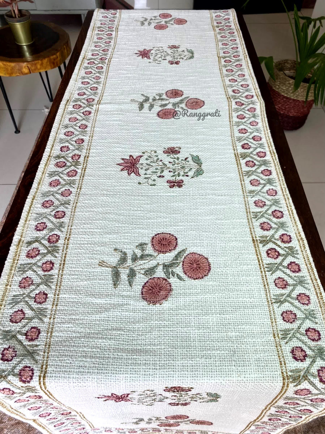 Rust Floral Jute Cotton Table Runner For Dining Table - Table Runner
