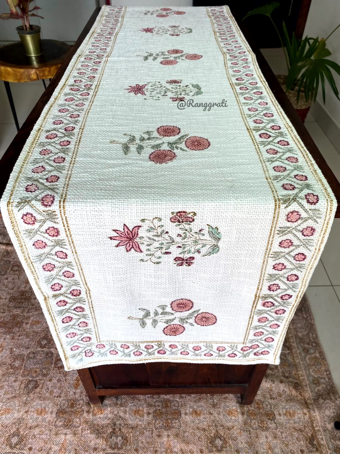 Rust Floral Jute Cotton Table Runner For Dining Table - Table Runner