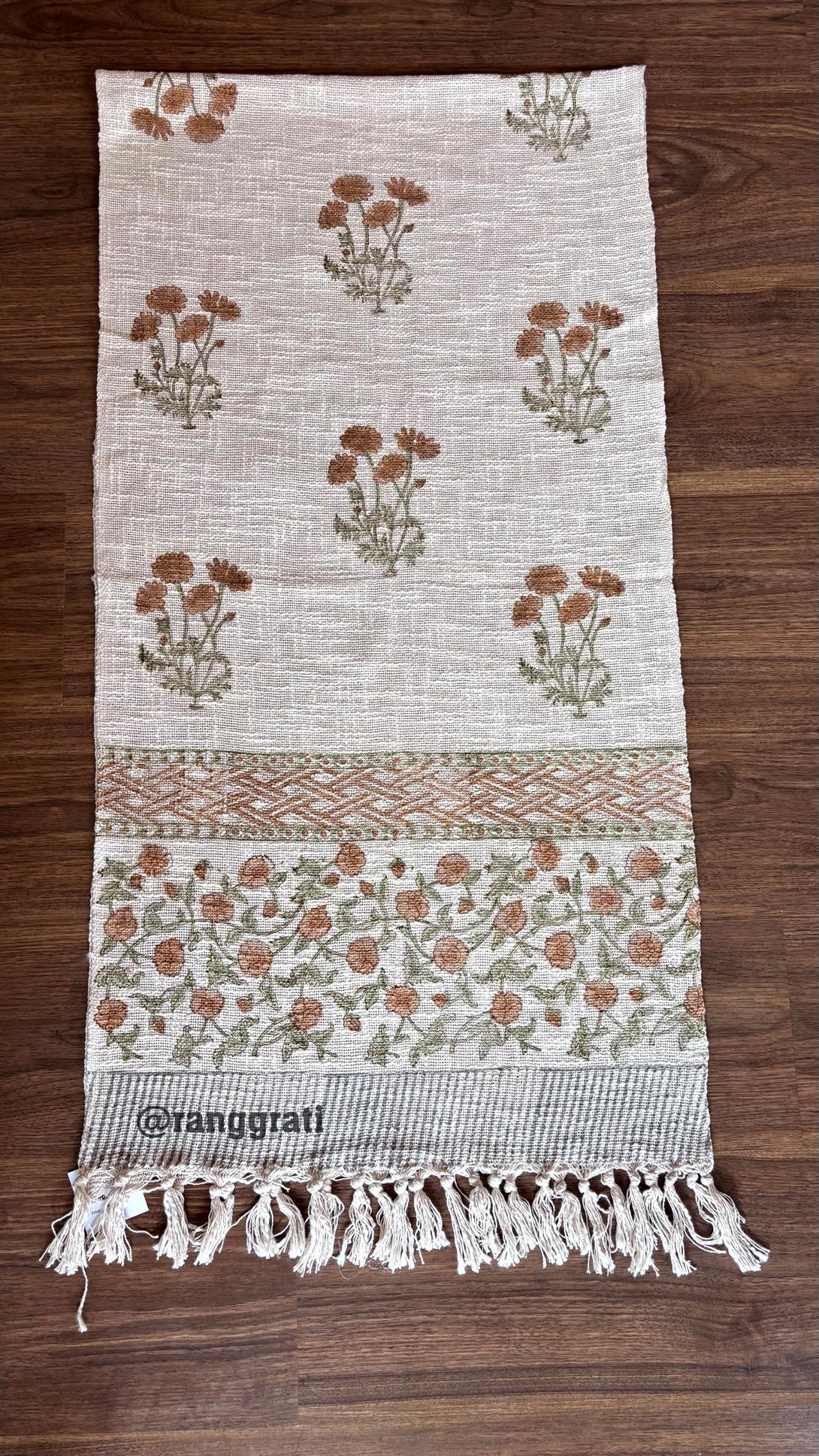 Rust Orange Floral Jute Cotton Table Runner For 6 Seater