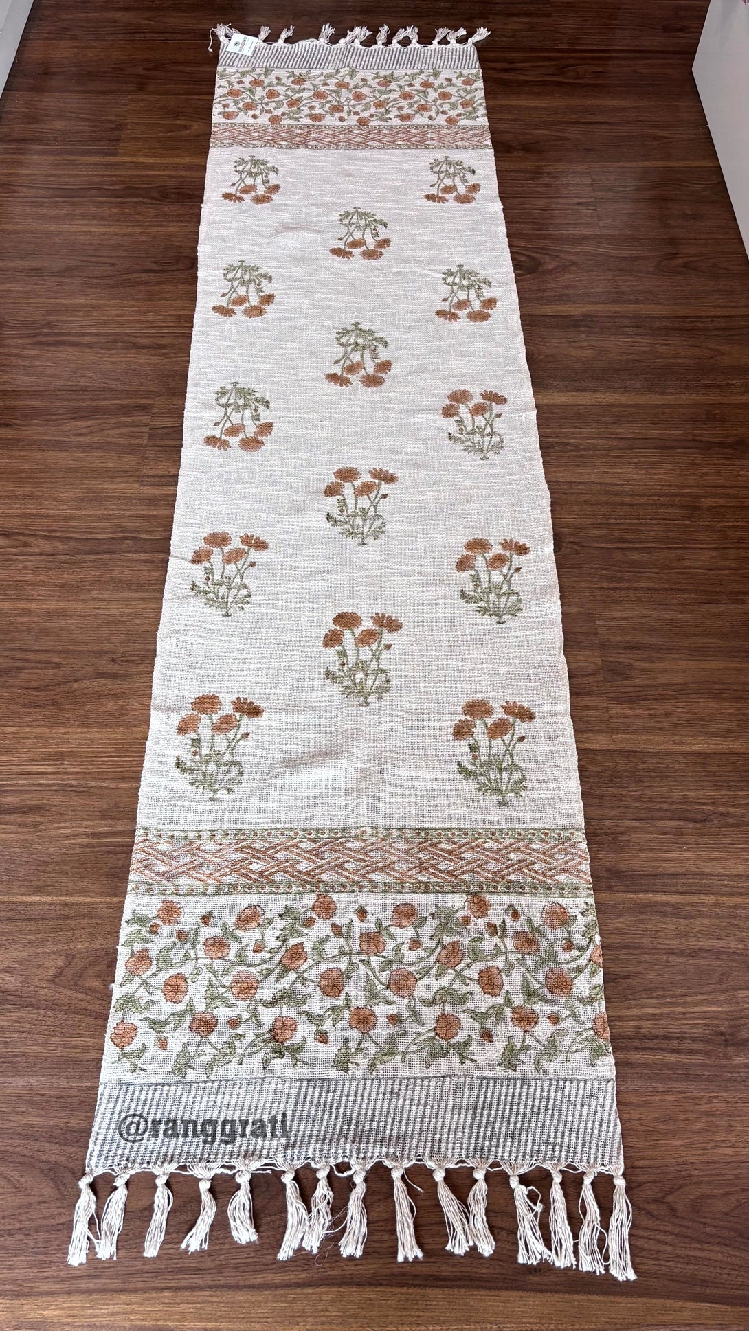 Rust Orange Floral Jute Cotton Table Runner Hand Block Print For 6 Seater Dining Table