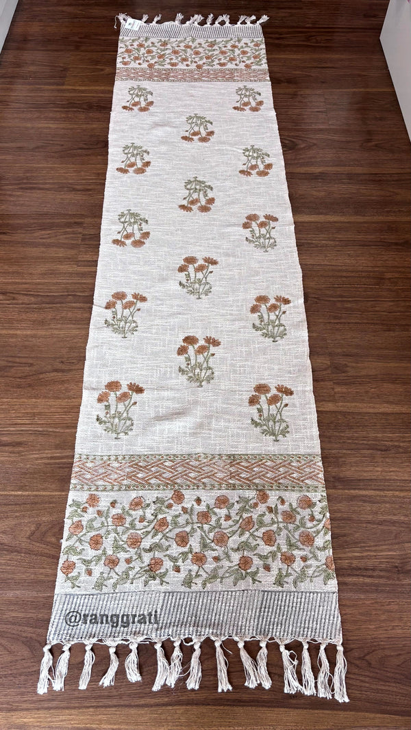 Rust Orange Floral Jute Cotton Table Runner Hand Block Print For 6 Seater Dining Table