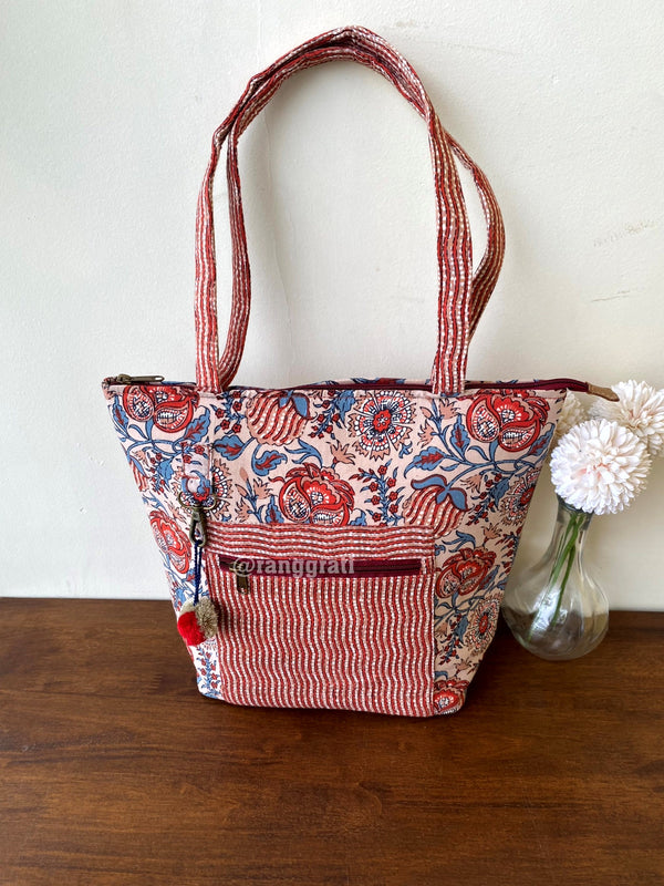 Rustic Brown Floral Hand Bag Ajrakh Print Hand Block Printed Cotton 