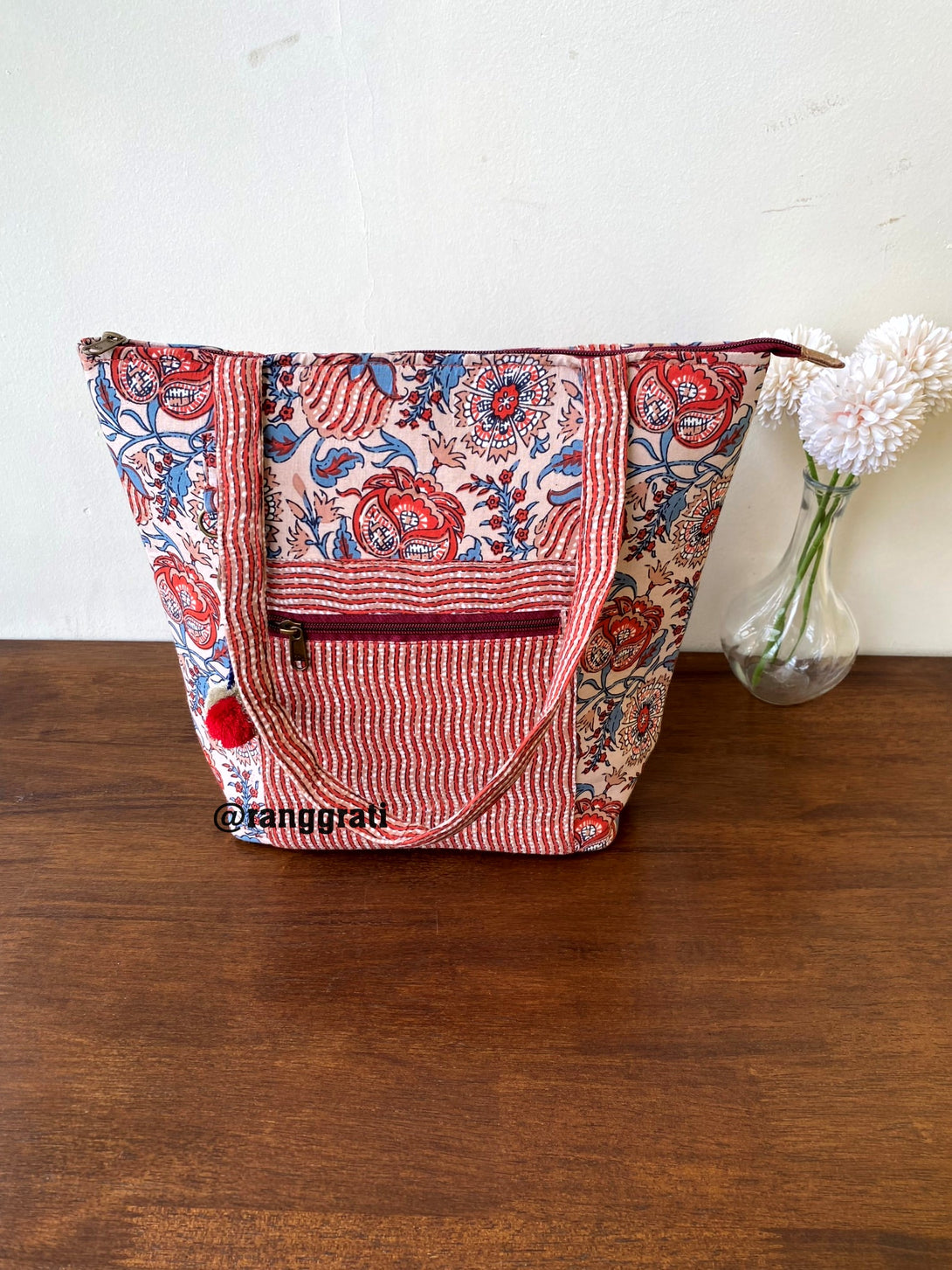Hand Block Printed Cotton Handbag with Rustic Brown Floral Ajrakh Print