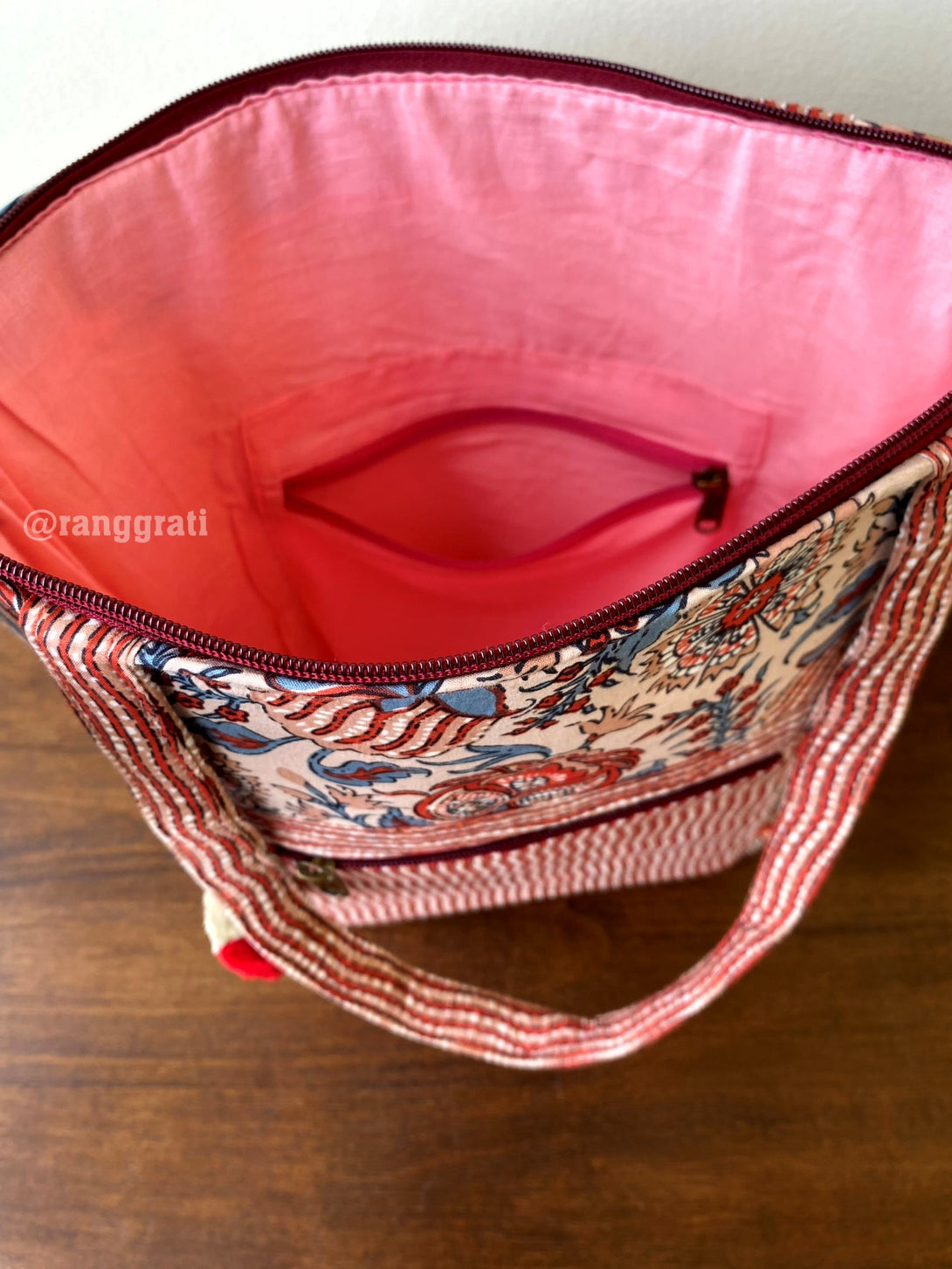 Rustic Brown Floral Handbag – Ajrakh Print on Hand Block Printed Cotton