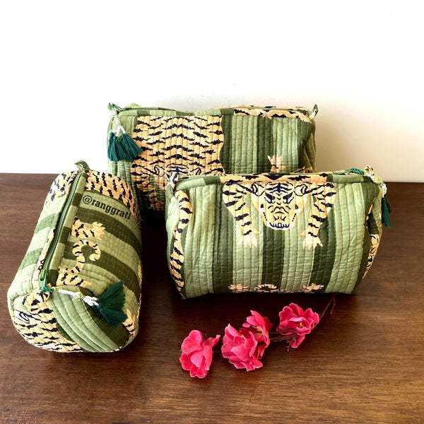Sap Green Animal Quilted Travel Pouch Set of 3 - Pouch