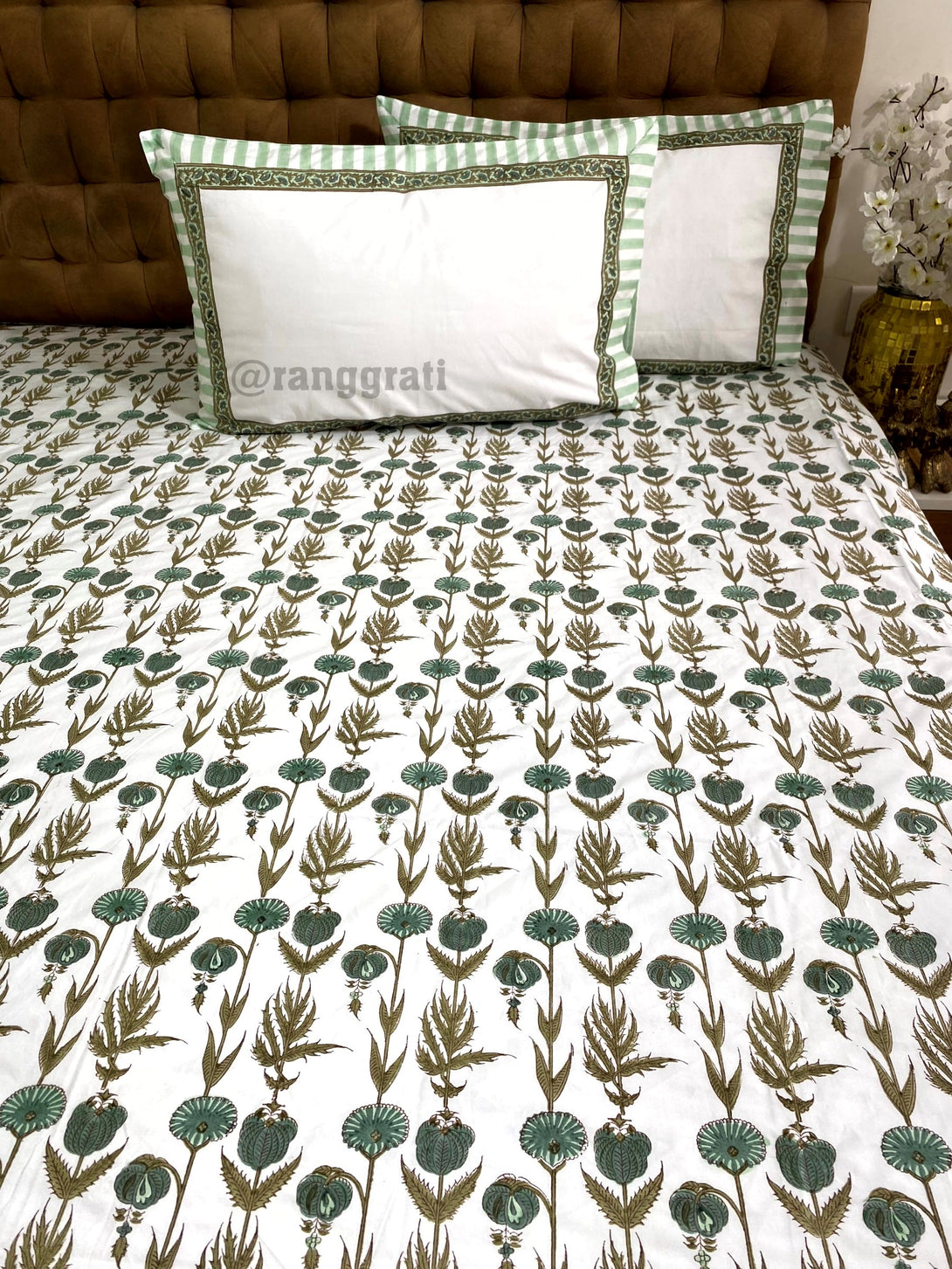 Green Coneflower Super King Size 250 TC Bedsheet Cotton Hand Block