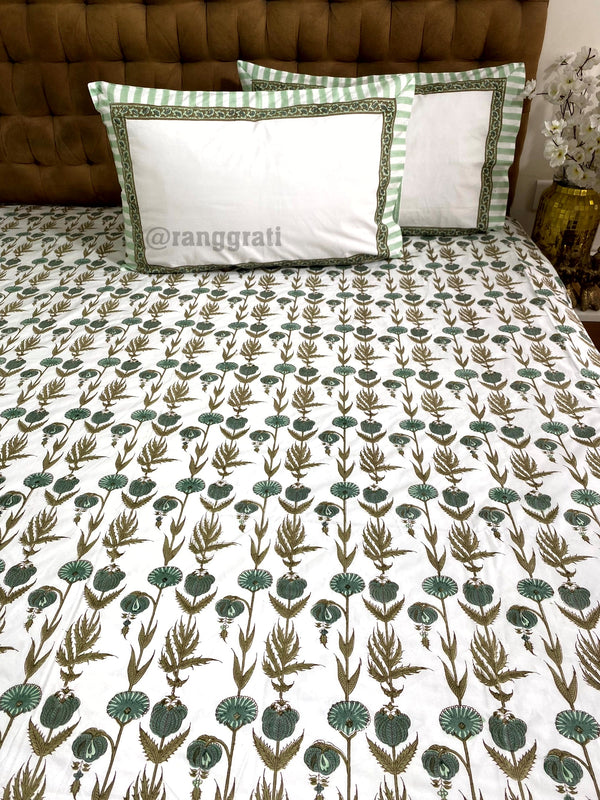 Green Coneflower Super King Size 250 TC Bedsheet Cotton Hand Block