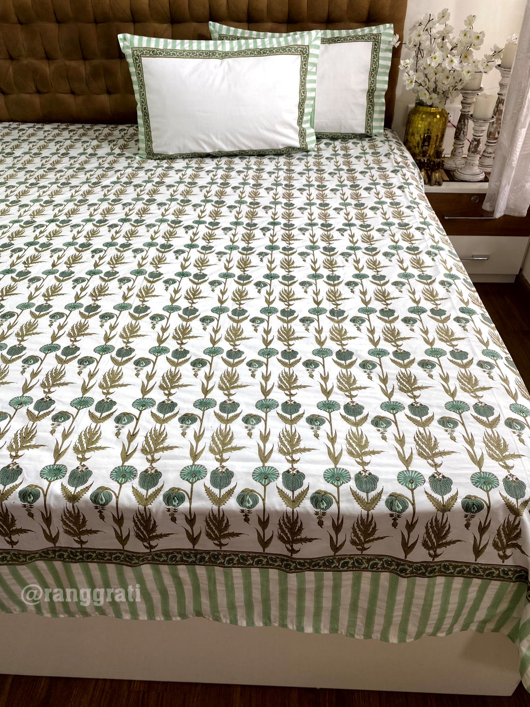 250 TC Green Coneflower Super King Size Bedsheet Cotton 