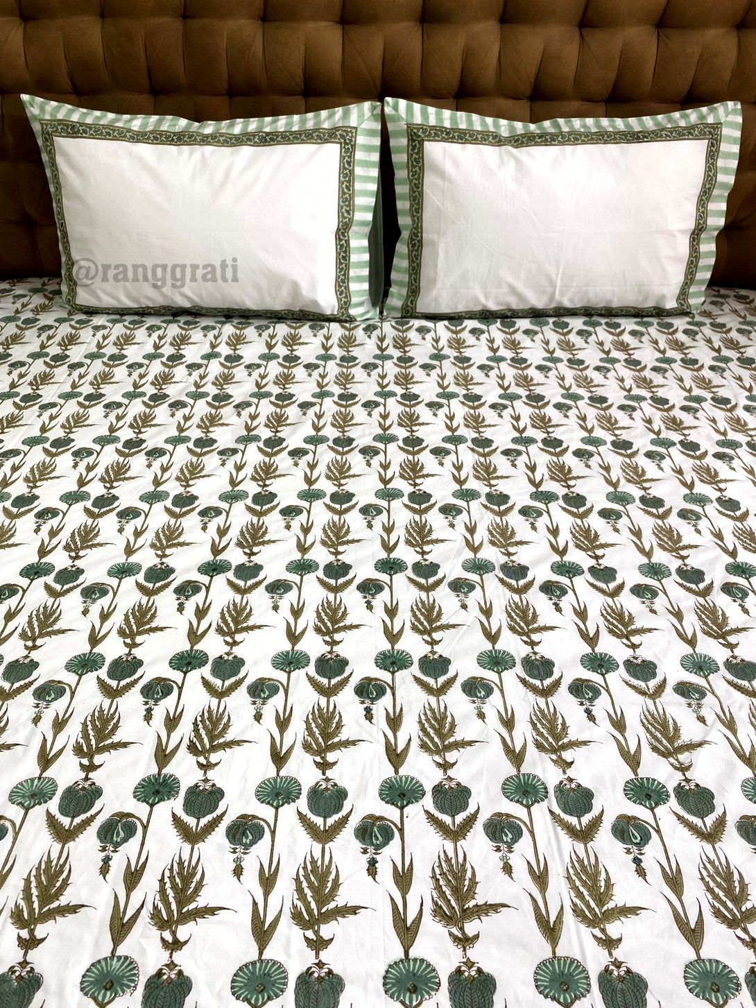 Super King Size Green Coneflower 250 TC Bedsheet Cotton Hand Block
