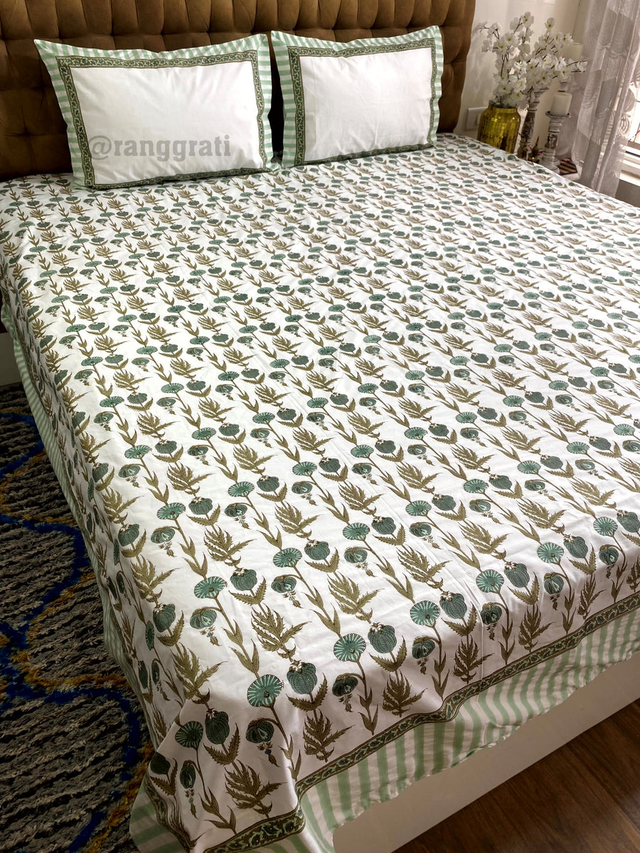 Green Coneflower Super King Size 250 TC Bedsheet Cotton Hand Block