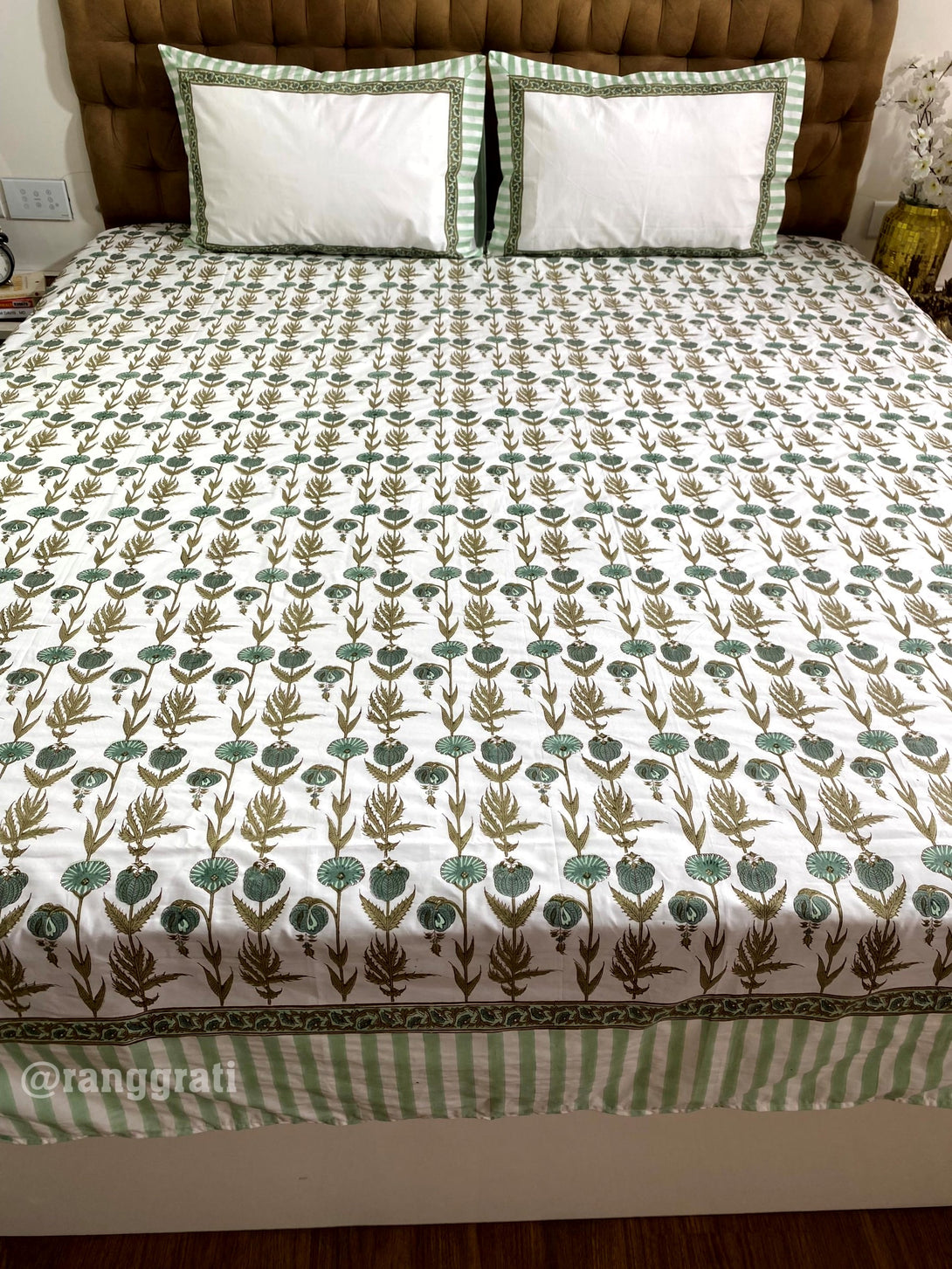 Super King Size 250 TC Green Coneflower Bedsheet Cotton Hand Block