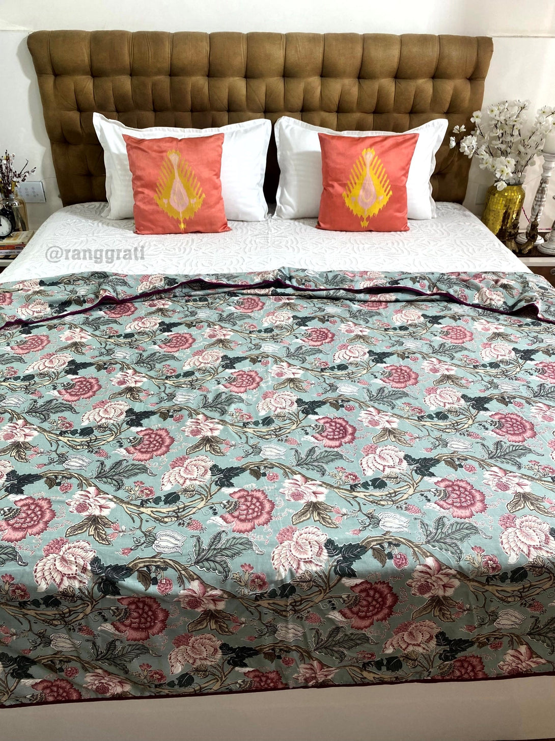 Sap Green Floral Cotton Dohar For Double Bed AC Quilt - Dohar
