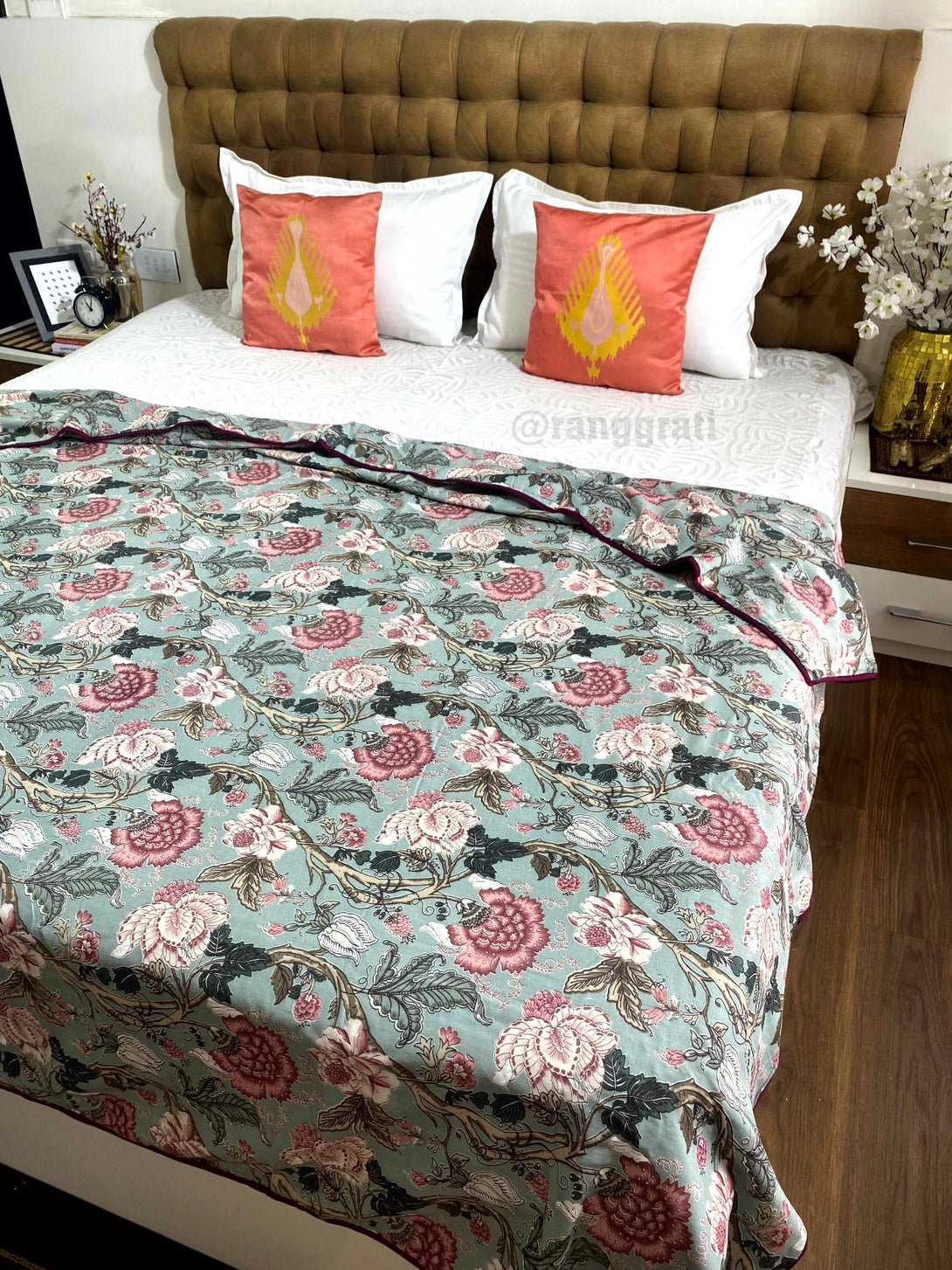 Sap Green Floral Cotton Dohar For Double Bed AC Quilt - Dohar