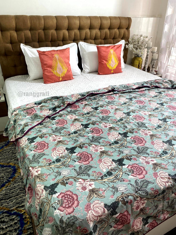 Sap Green Floral Cotton Dohar For Double Bed AC Quilt - Dohar