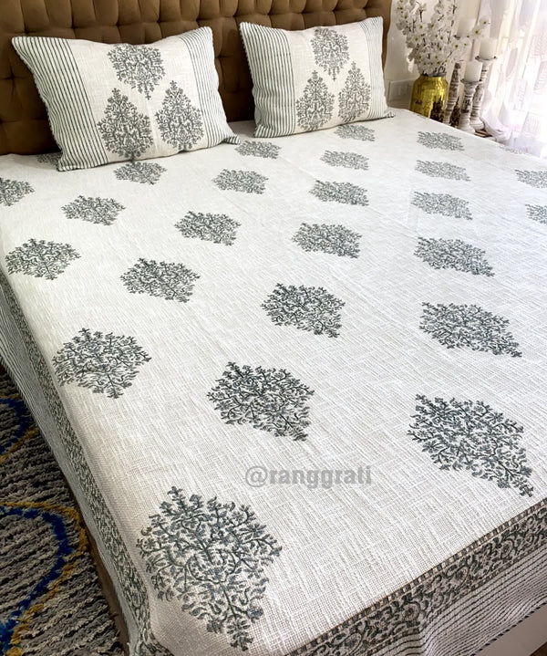 Sap Green Floral Jute Cotton Bedcover King Size - Bedcover