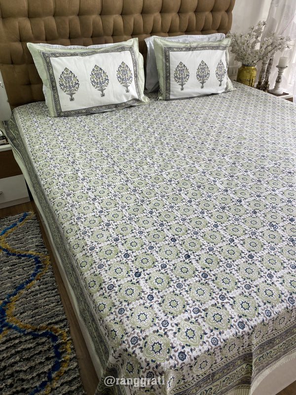 Sap Green Geometric Jaipuri Cotton Bedsheet King Size For Double Bed
