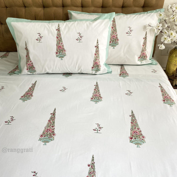 Teal Leaves King Size 250 TC Bedsheet Pure Cotton Hand Block