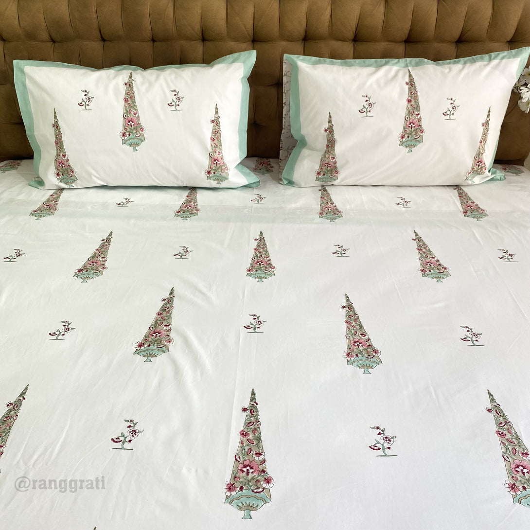 Teal Leaves 250 TC Bedsheet Pure Cotton Hand Block King Size