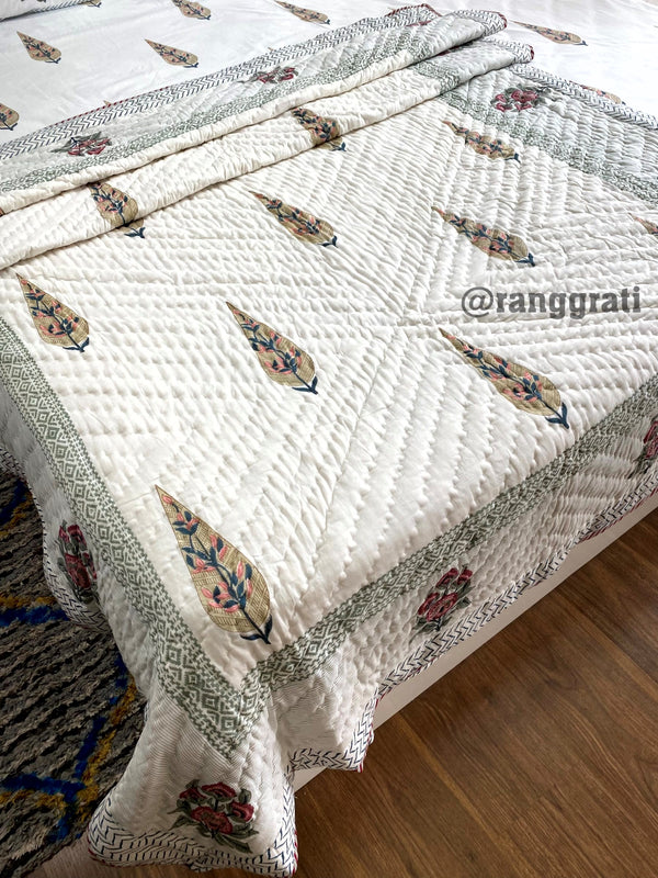 Sap Green Leaves Single Bed Jaipuri Razai / Quilt Cotton Hand Block