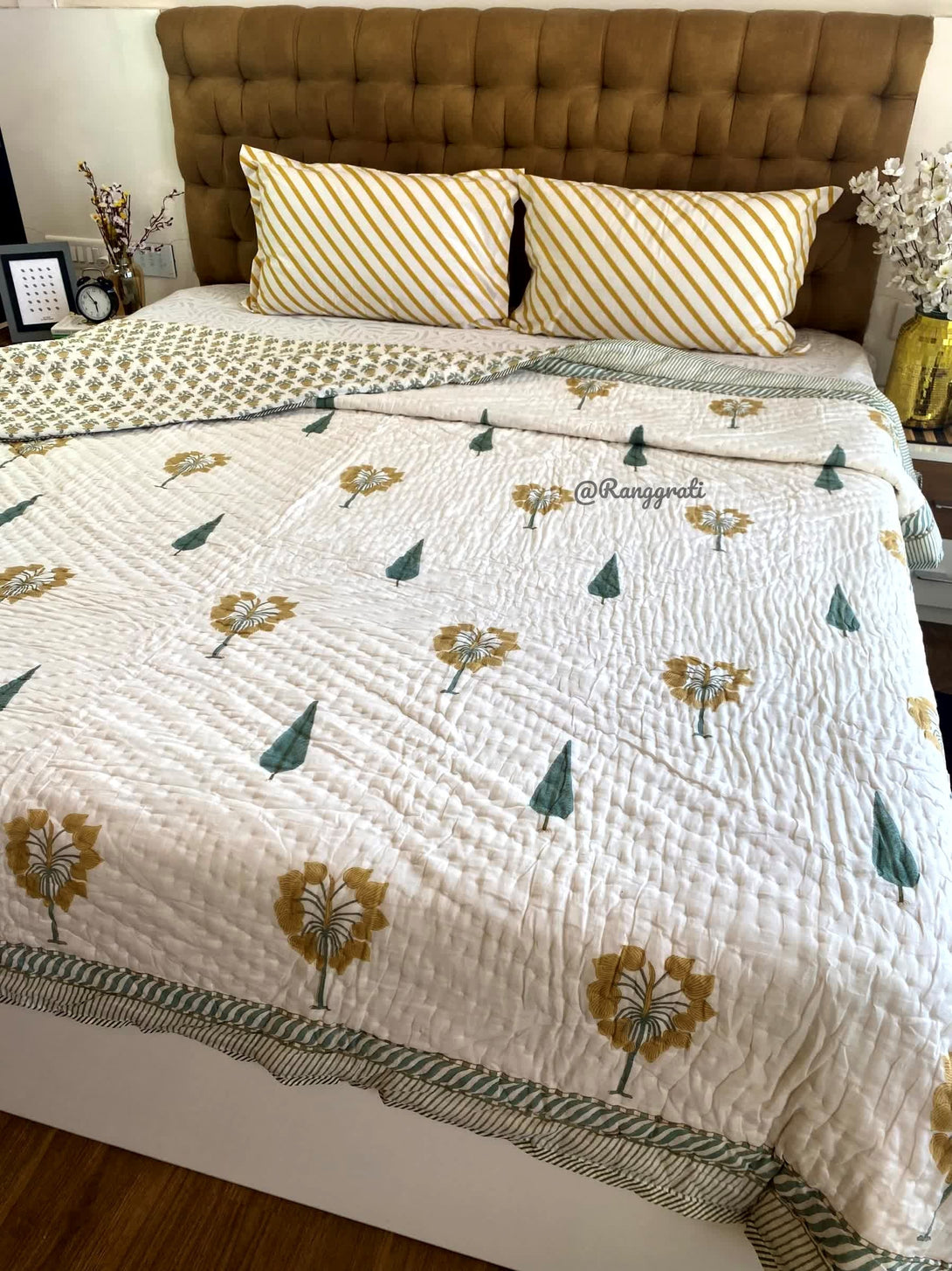 Sap Green Pine Tree Double Razai Cotton Reversible Hand Block Print - Razai