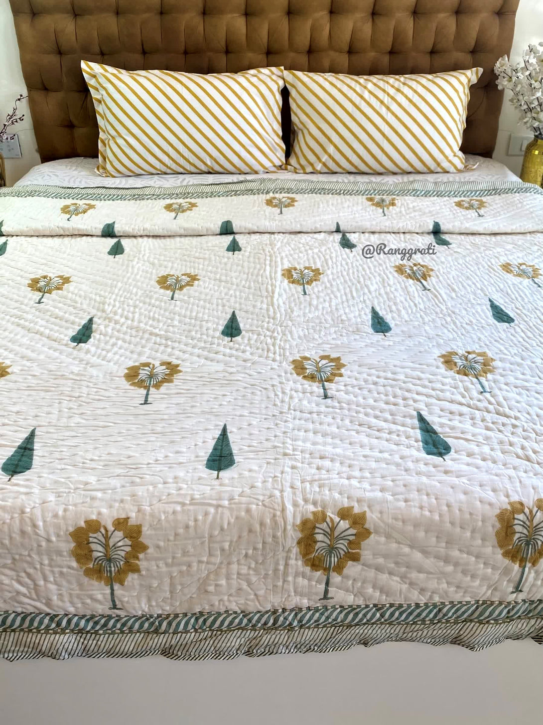 Sap Green Pine Tree Double Razai Cotton Reversible Hand Block Print - Razai