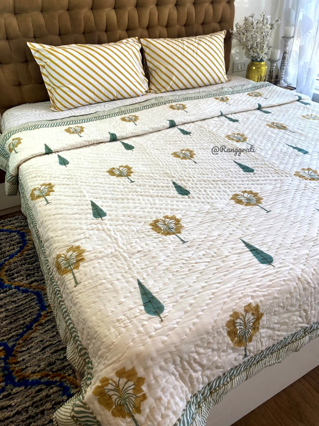 Sap Green Pine Tree Double Razai Cotton Reversible Hand Block Print - Razai