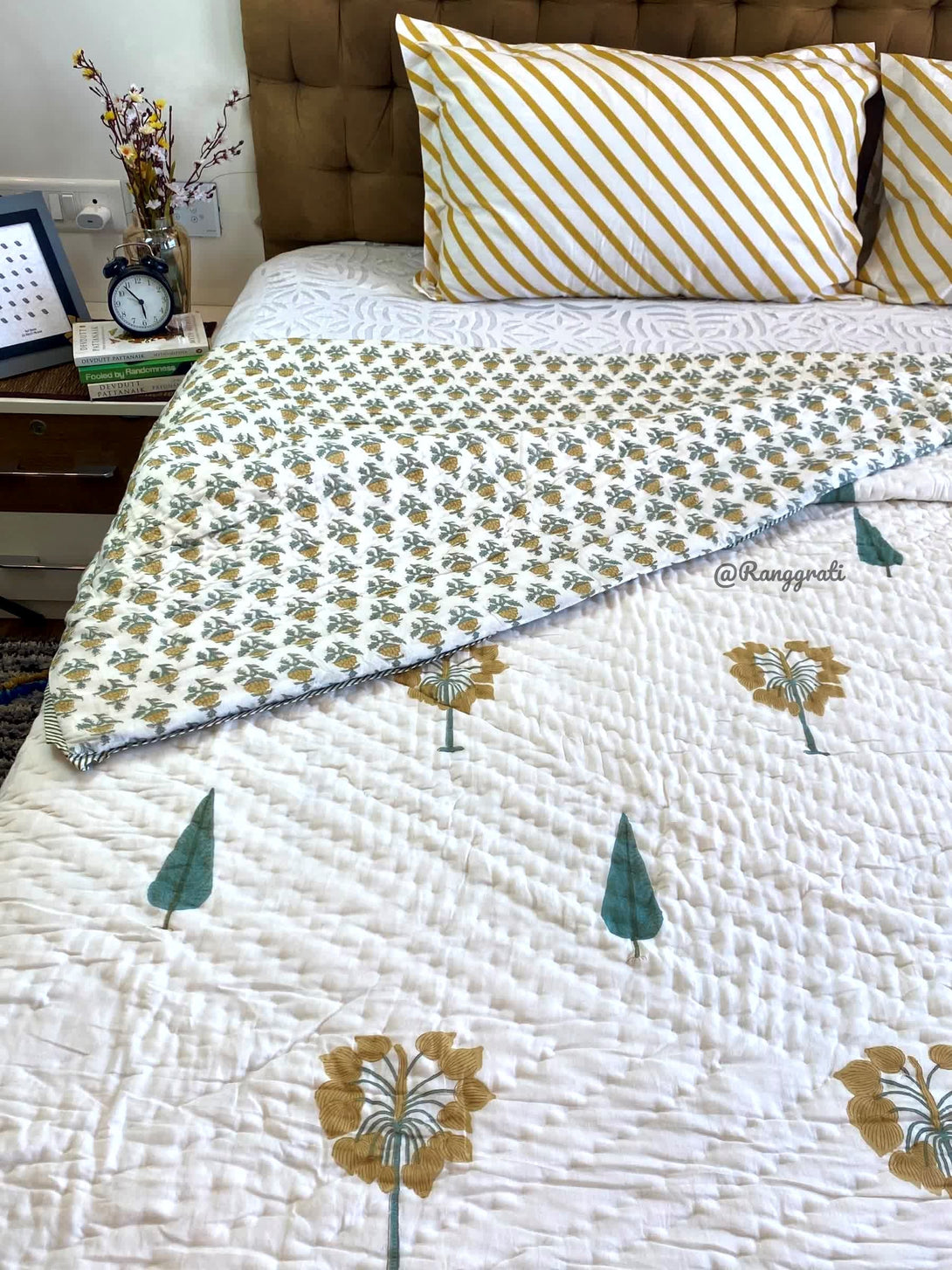Sap Green Pine Tree Double Razai Cotton Reversible Hand Block Print - Razai