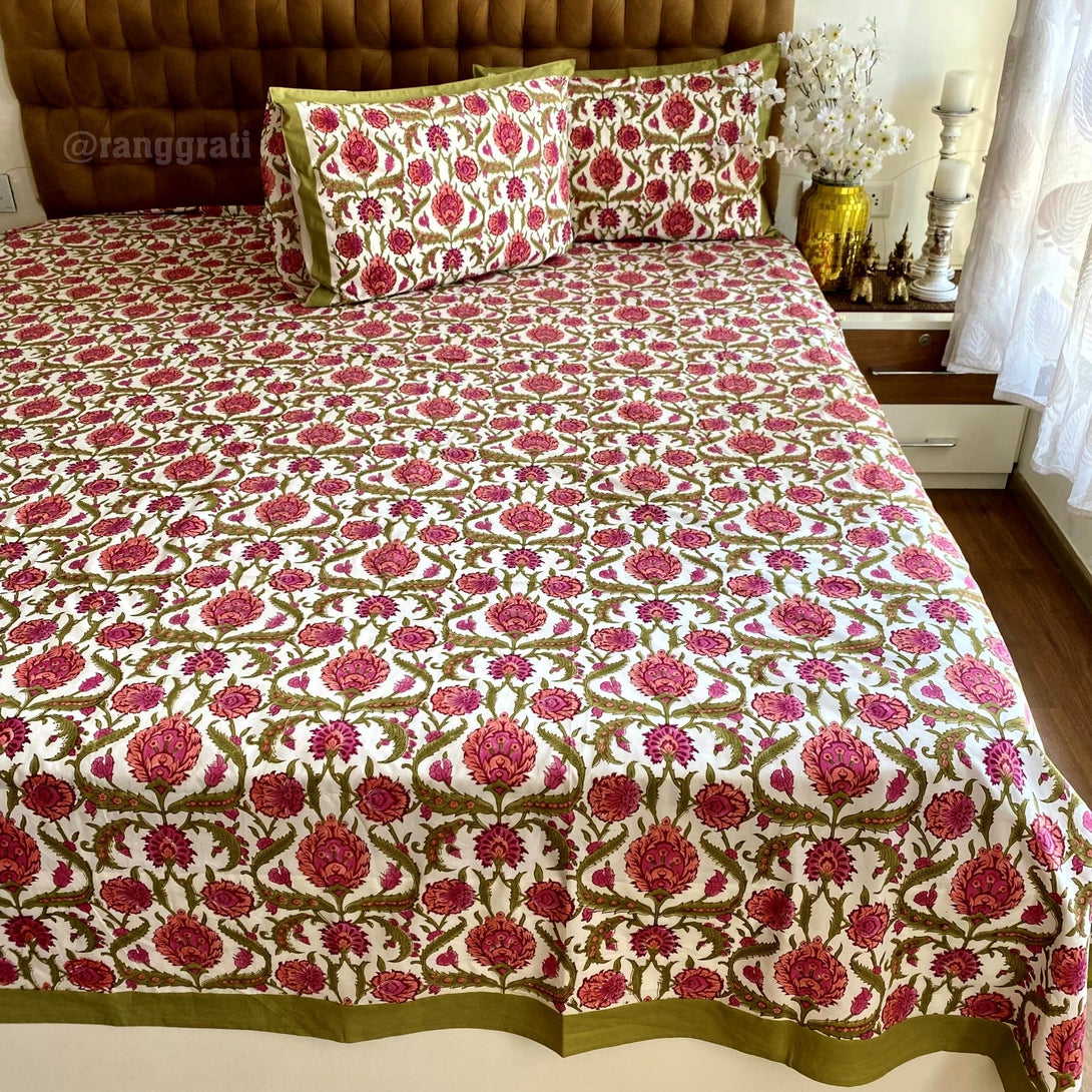 Sap Green Pink Floral Super King Size 250 TC Bedsheet Cotton Hand Block - Bedsheet