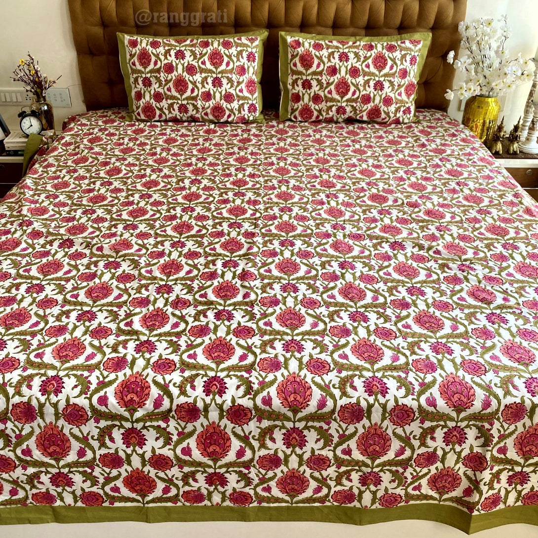 Sap Green Pink Floral Super King Size 250 TC Bedsheet Cotton Hand Block - Bedsheet