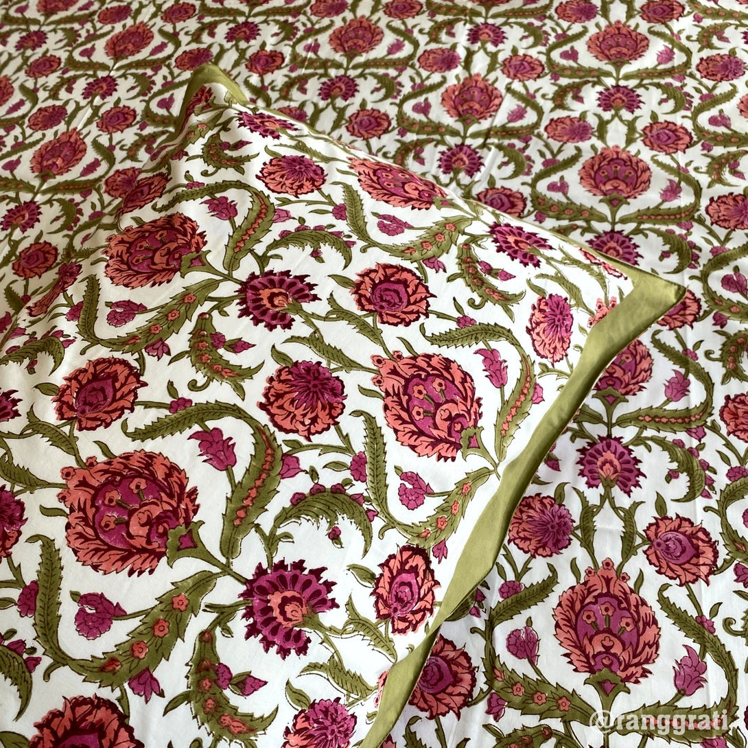 Sap Green Pink Floral Super King Size 250 TC Bedsheet Cotton Hand Block - Bedsheet